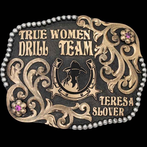 "Our Carson City Belt Buckle is a true beauty. Handcrafted on a German Silver base, it features a beaded edge and Western-inspired scrollwork flowing from the top right and lower left corner toward the center. This design is full of fine  details, in